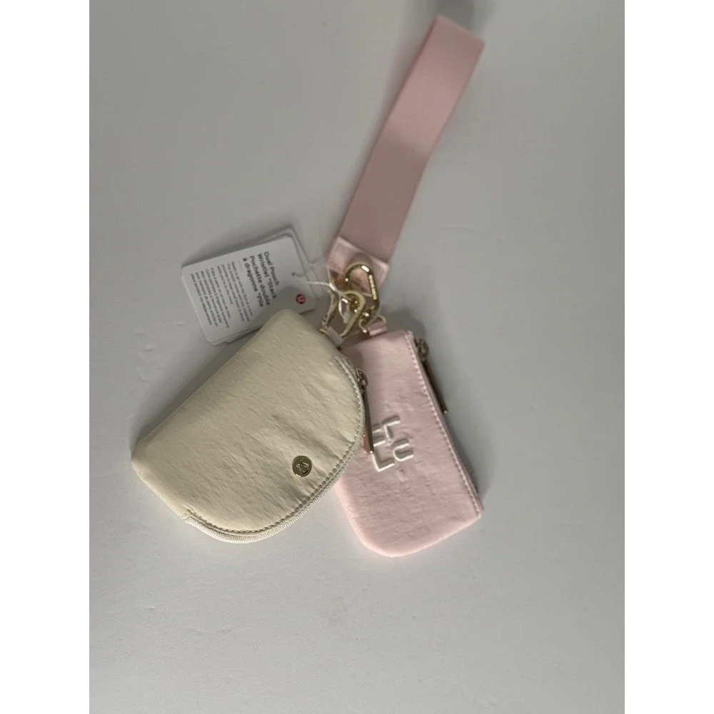 Lululemon Dual Pouch Wristlet Stack Pink Peony White Opal Gold Hardware NWT
